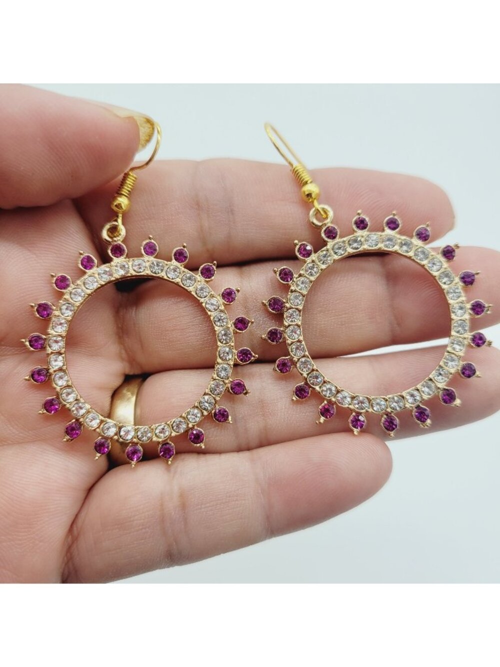 Dark Pink & Clear Rhinestone Circular Drop Dangle Earrings Gold Tone